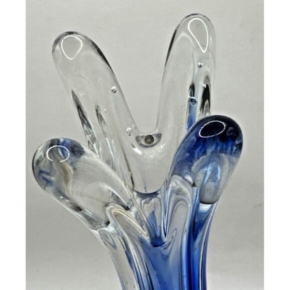 Vintage Walls flower MCM Cobalt Blue 4 Finger Swung Stretch Glass Vase 9.5” Tall - Picture 5 of 7